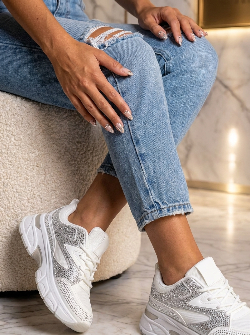 Anna – White Rhinestone Sneaker with Chunky Sole