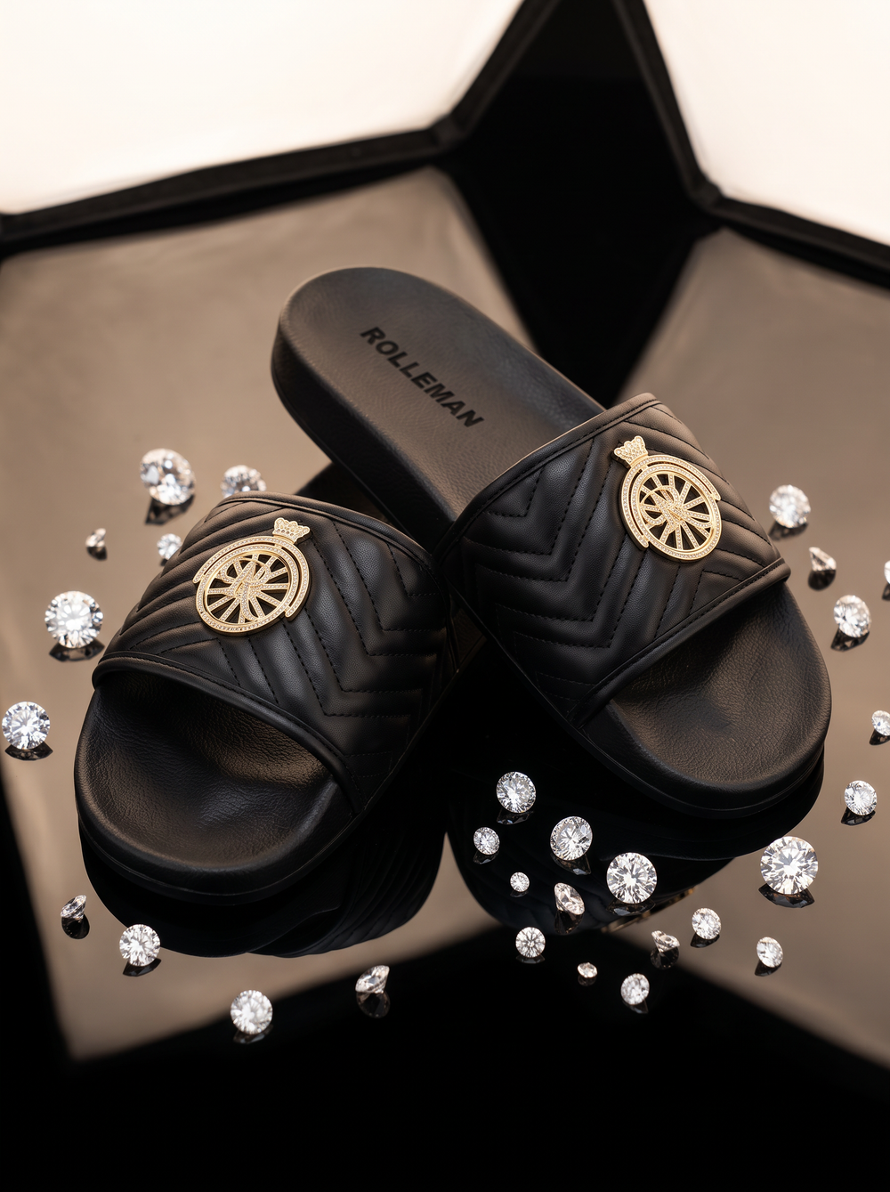 ROLLEMAN® Queen – Black Women’s Slippers with Gold-Colored Emblem | Pre-order