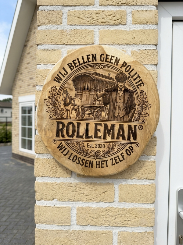 Wij Bellen Geen Politie — ROLLEMAN® | Teak Wandschijf | Lasergravure | Est. 2020