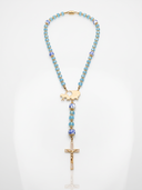 Ave Maria Nomads | Gypsy Wagon| Turquoise Rozenkrans met Donkerblauwe Kralen - Vergulde ROLLEMAN Logo met Kruis en Magneetsluiting