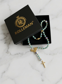 Ave Maria Nomads | Gypsy Wagon| Turquoise Rozenkrans met Donkerblauwe Kralen - Vergulde ROLLEMAN Logo met Kruis en Magneetsluiting
