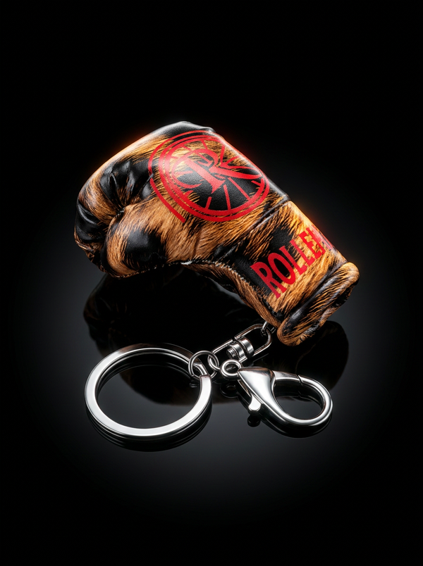 ROLLEMAN® Mini Bokshandschoen Sleutelhanger | Bruin Leopard | Rood Logo