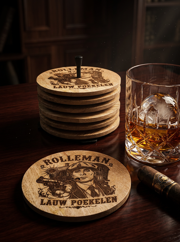 ROLLEMAN Mango Wood Coasters | Exclusively Engraved Artwork | Set of 6