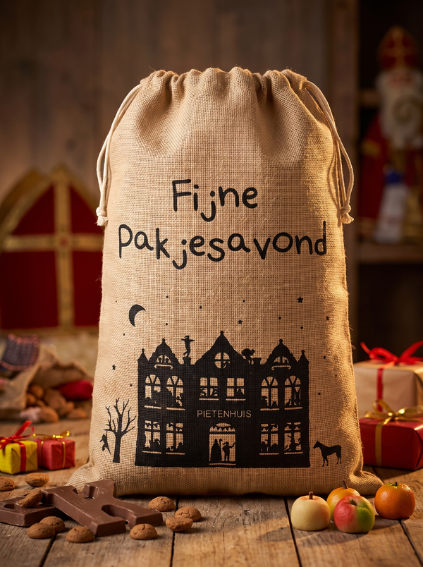 Jute Sinterklaaszak Fijne Pakjesavond – 50 × 80 cm