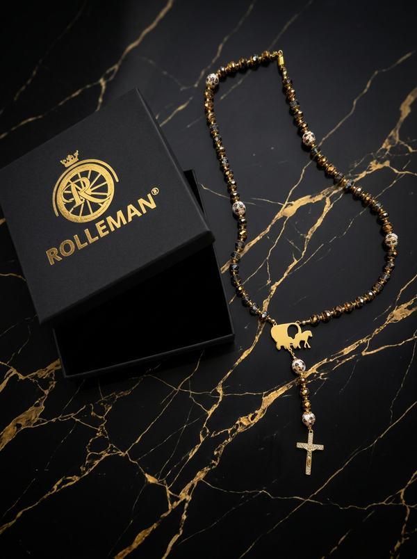 Ave Maria Nomads Rosary | Gypsy Wagon | Black/Gold/Bronze with White Beads