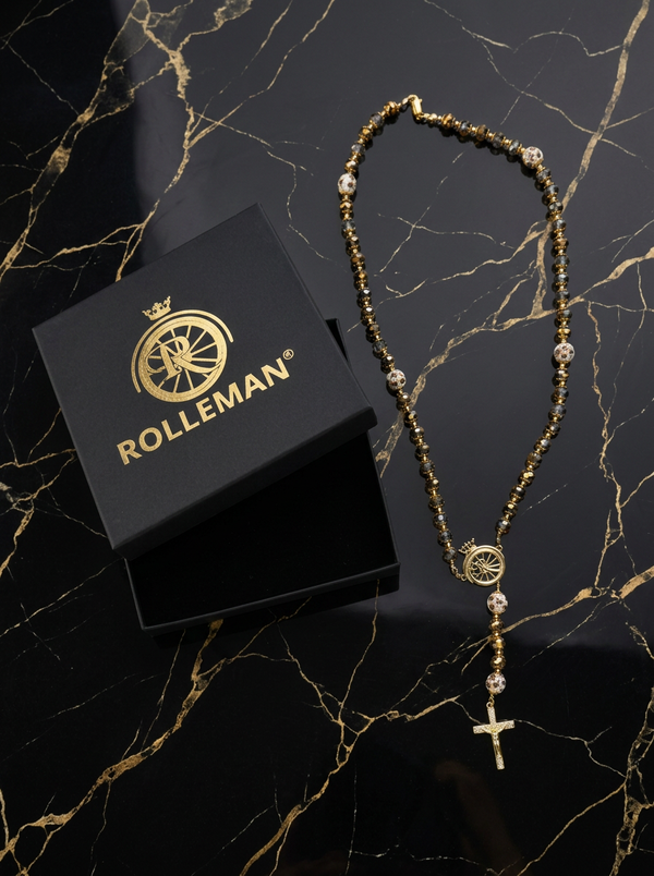 Ave Maria Nomads Rosary | Wheel | Black/Gold/Bronze with White Beads