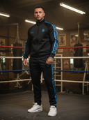 Duke Herren-Trainingsanzug, zweiteilig – Schwarz mit türkisfarbenem Streifen