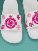 PinkPetalSlides: White slippers with a ROLLEMAN wheel and flowers in light and dark pink. 