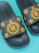 GoldenPetalSlides: Black slippers with ROLLEMAN wheel and flowers in deep golden brown 