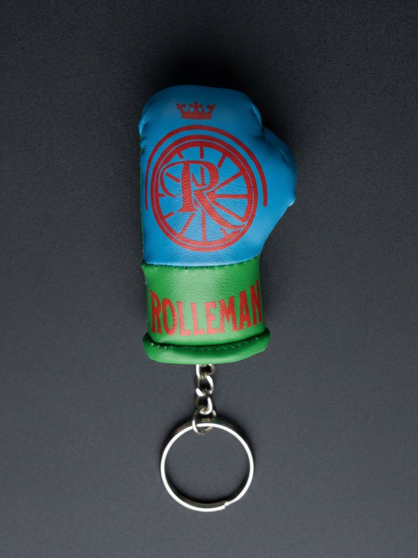 The Punching Prince Mini Glove Keychain with Rolleman Wheel Logo in Neon Yellow