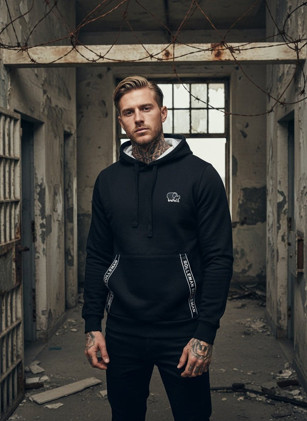 FRANS - Sudadera deportiva con capucha para hombre en negro con detalles blancos